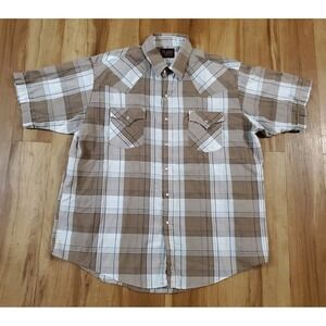 Plains Western Shirt Mens XL Pearl Snap Brown White Western Rodeo Vintage